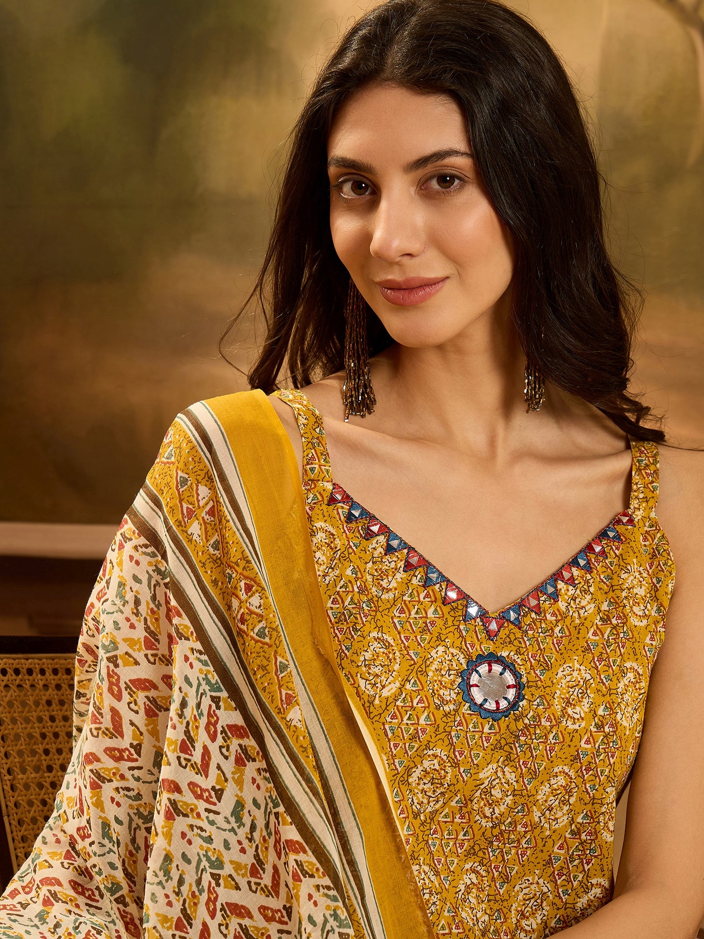 Stylum Women's Mustard Ethnic Motif Printed Cotton Straight Kurta Palazzo Dupatta Set (KPDMUSTARDMUMBA)