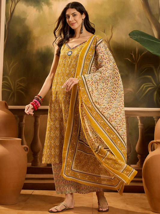 Stylum Women's Mustard Ethnic Motif Printed Cotton Straight Kurta Palazzo Dupatta Set (KPDMUSTARDMUMBA)