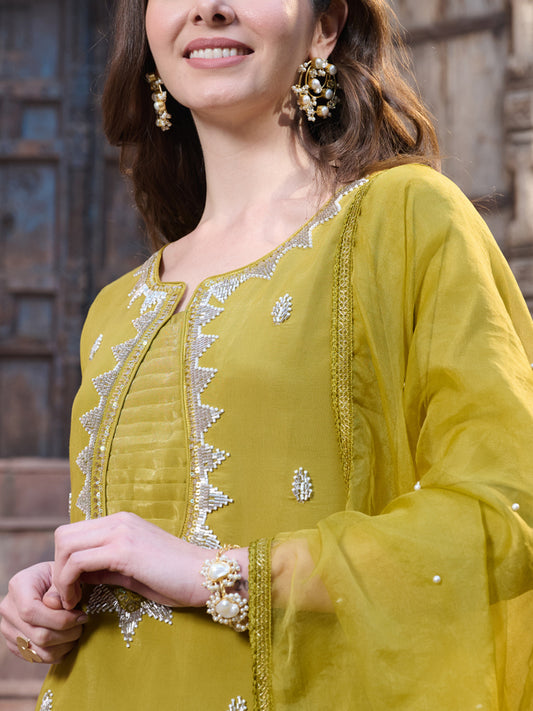 Stylum Women's Mustard Embroidered Silk Straight Kurta Pant Dupatta Set (KPDMUSTMANKU)