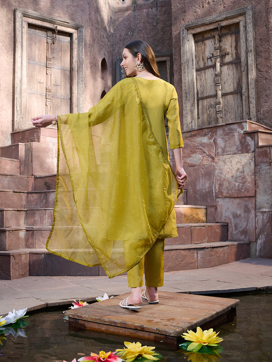 Stylum Women's Mustard Embroidered Silk Straight Kurta Pant Dupatta Set (KPDMUSTMANKU)