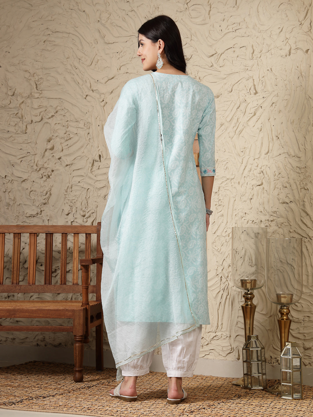 Stylum Women's Paisley Printed & Embroidered Cotton Blend Straight Kurta Afghani Pant & Dupatta Set (KPDNAABUSKY)