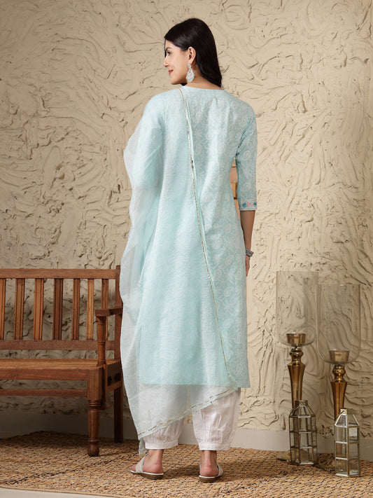 Stylum Women's Paisley Printed & Embroidered Cotton Blend Straight Kurta Afghani Pant & Dupatta Set (KPDNAABUSKY)