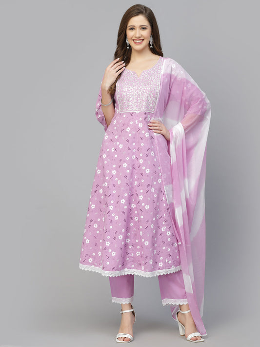 Stylum Women's Floral Printed Cotton Anarkali Kurta with Pant & Dupatta (KPDNARGIS)