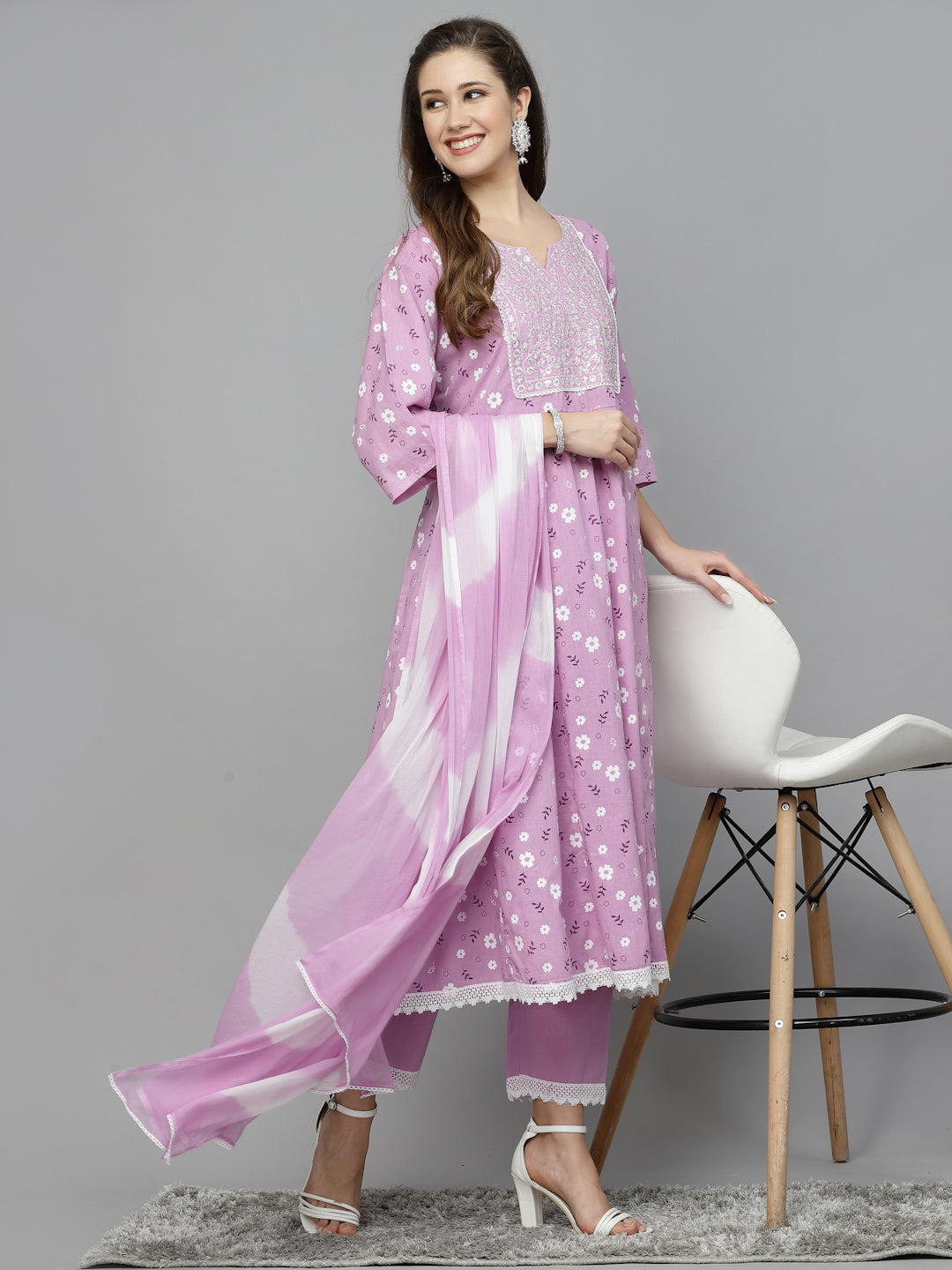 Stylum Women's Floral Printed Cotton Anarkali Kurta with Pant & Dupatta (KPDNARGIS)