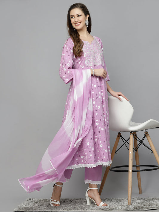 Stylum Women's Floral Printed Cotton Anarkali Kurta with Pant & Dupatta (KPDNARGIS)