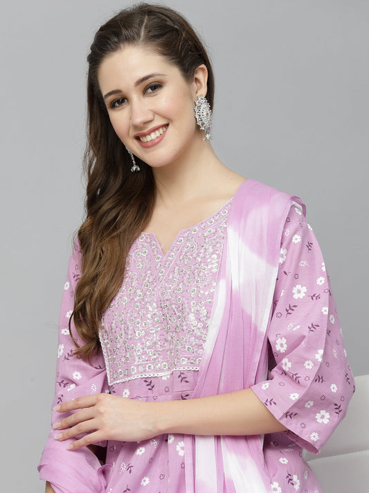 Stylum Women's Floral Printed Cotton Anarkali Kurta with Pant & Dupatta (KPDNARGIS)