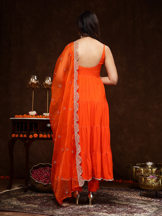 Stylum Women's Orange Solid Rayon Tiered Kurta Pant Dupatta Set (KPDORANGEBAR)