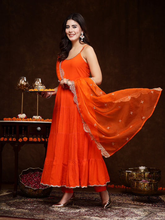 Stylum Women's Orange Solid Rayon Tiered Kurta Pant Dupatta Set (KPDORANGEBAR)