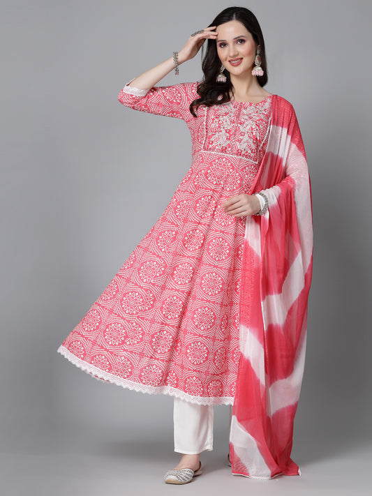 Stylum Women's Bandhej Printed & Embroidered Anarkali Kurta Pant Dupatta Set (KPDPINKCLOUDY)