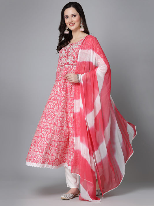 Stylum Women's Bandhej Printed & Embroidered Anarkali Kurta Pant Dupatta Set (KPDPINKCLOUDY)