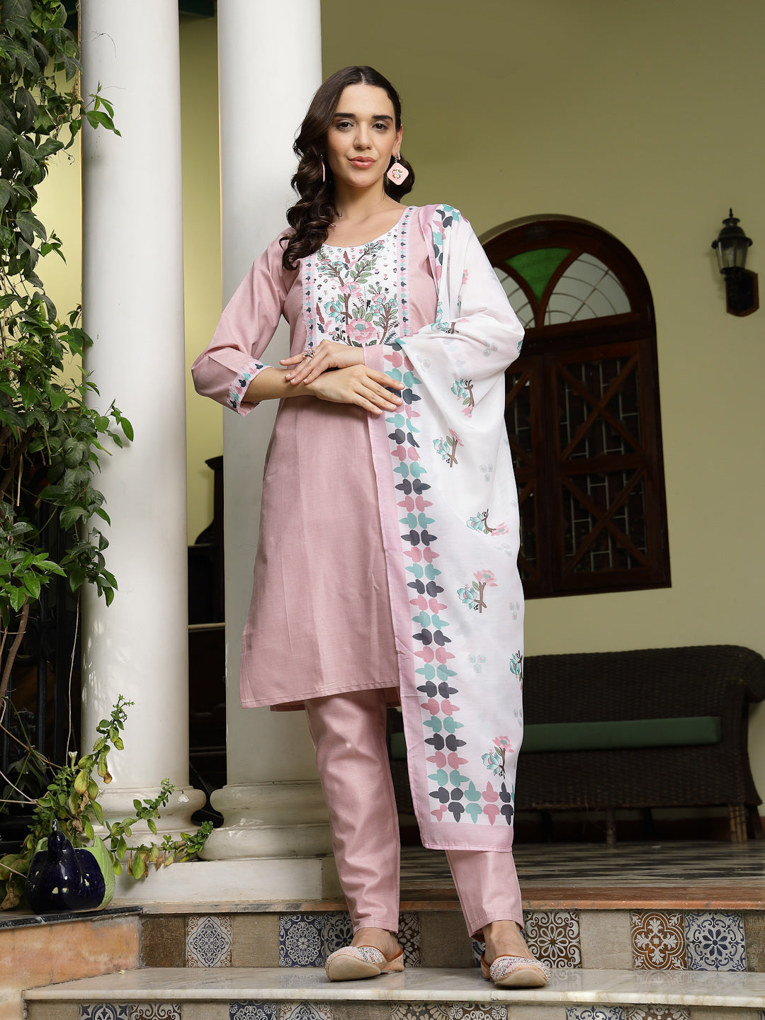 Stylum Women's Pink Solid Cotton Straight Kurta Pant Dupatta Set (KPDPINKDALMA)