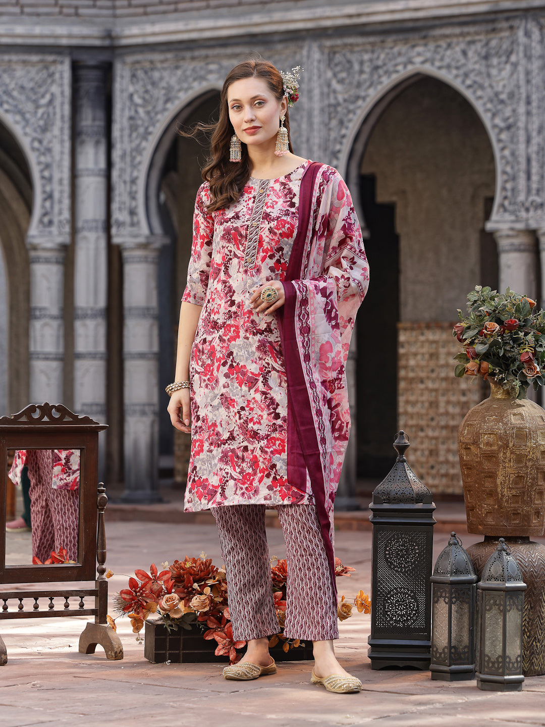 Stylum Women's Floral Printed Cotton Blend Straight Kurta Pant Dupatta Set (KPDPINKDHOOM)