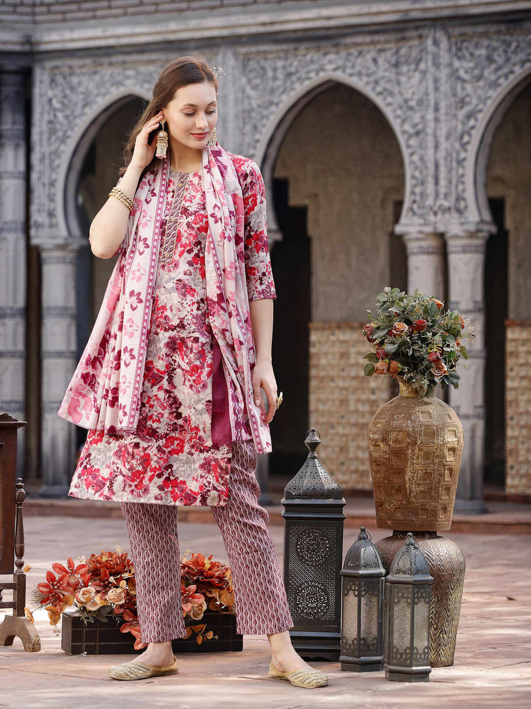 Stylum Women's Floral Printed Cotton Blend Straight Kurta Pant Dupatta Set (KPDPINKDHOOM)
