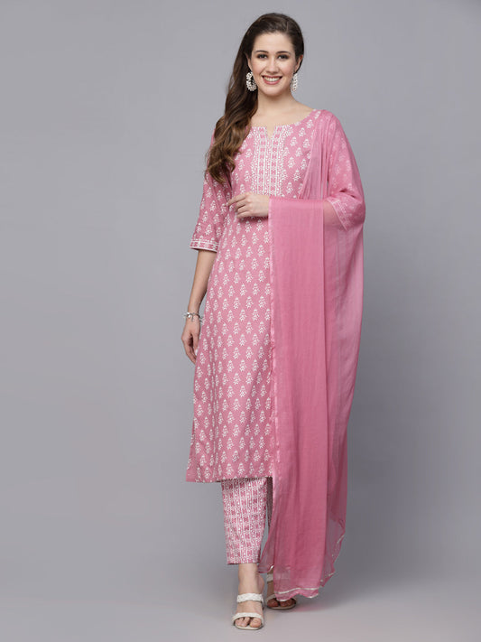 Stylum Women's Floral Printed Rayon Straight Kurta Pant Dupatta Set (KPDPINKSEAL)