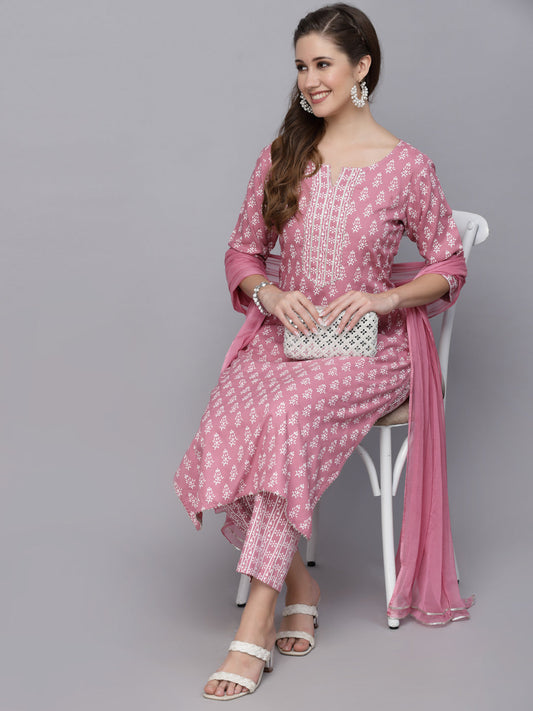 Stylum Women's Floral Printed Rayon Straight Kurta Pant Dupatta Set (KPDPINKSEAL)