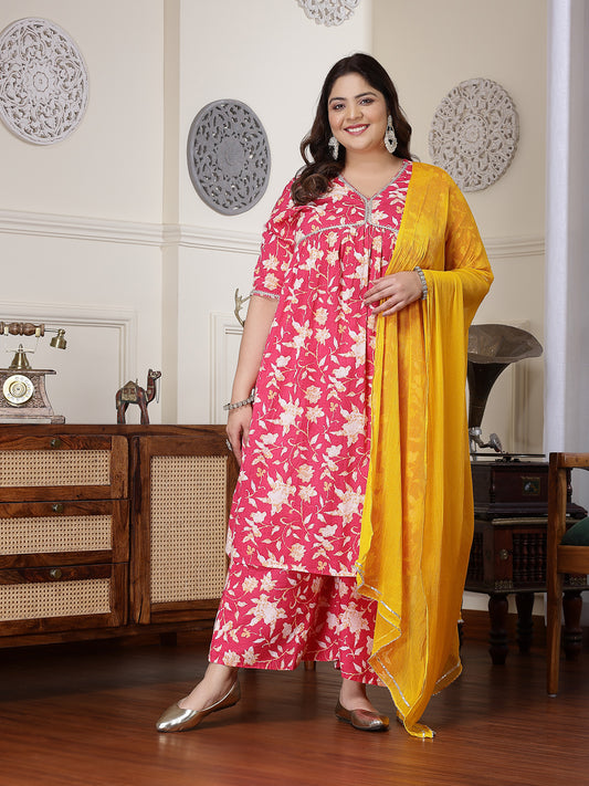 Plus Size Women's Floral Printed Cotton Pleated Kurta Palazzo Dupatta Set (KPDPINKZAYLAPLUS)