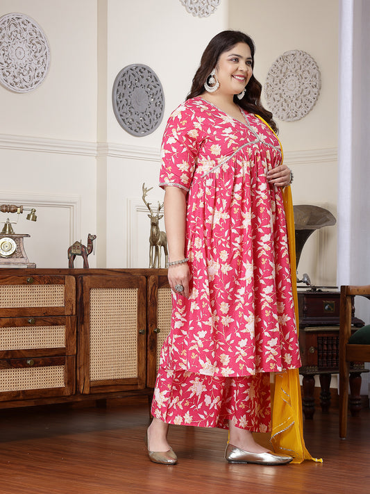 Plus Size Women's Floral Printed Cotton Pleated Kurta Palazzo Dupatta Set (KPDPINKZAYLAPLUS)