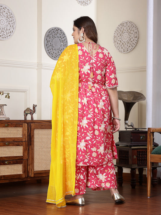 Plus Size Women's Floral Printed Cotton Pleated Kurta Palazzo Dupatta Set (KPDPINKZAYLAPLUS)
