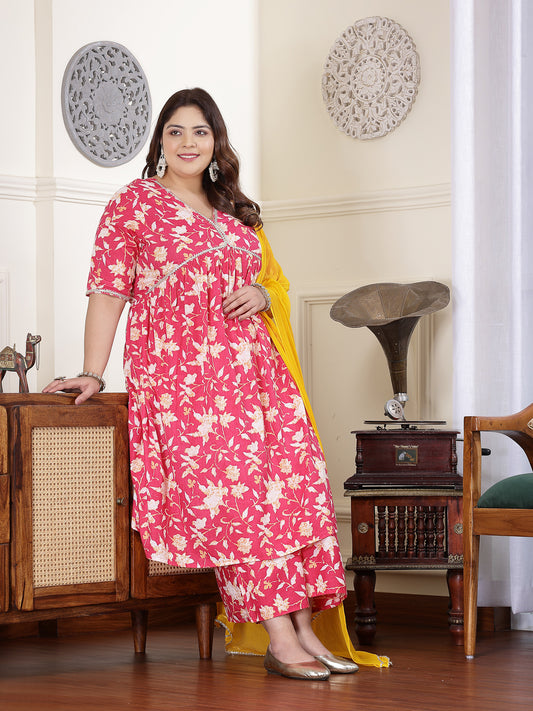 Plus Size Women's Floral Printed Cotton Pleated Kurta Palazzo Dupatta Set (KPDPINKZAYLAPLUS)