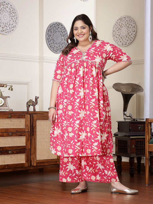 Plus Size Women's Floral Printed Cotton Pleated Kurta Palazzo Dupatta Set (KPDPINKZAYLAPLUS)
