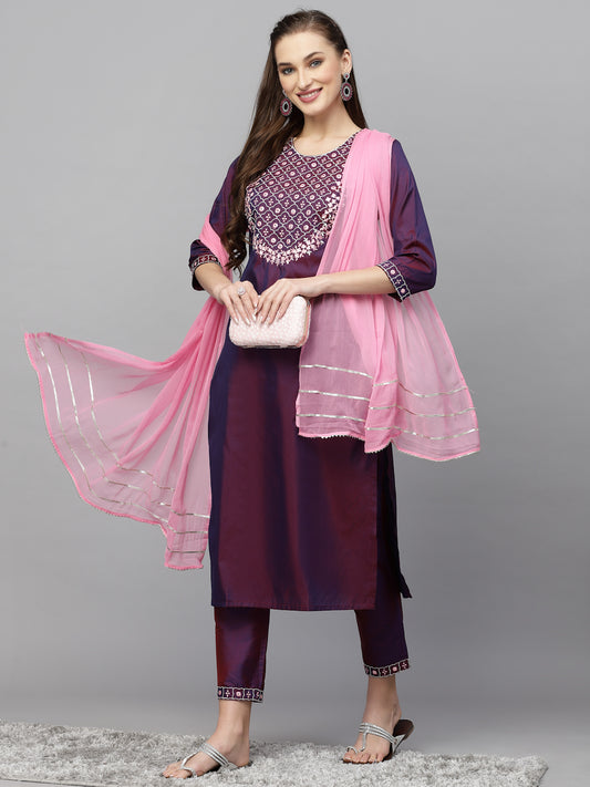 Stylum Women's Embroidered Art Silk Kurta Pant Dupatta Set (KPDPURPLETAFETA)