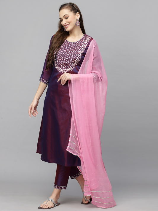Stylum Women's Embroidered Art Silk Kurta Pant Dupatta Set (KPDPURPLETAFETA)