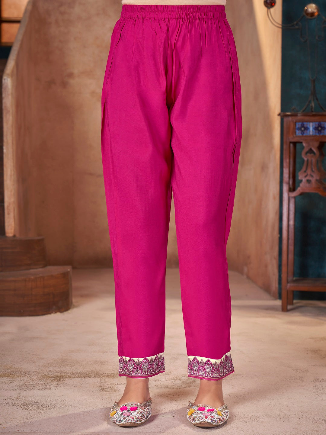 Stylum Women's Magenta Solid & Embroidered Silk Straight Kurta Pant Dupatta Set (KPDRANICAFE)