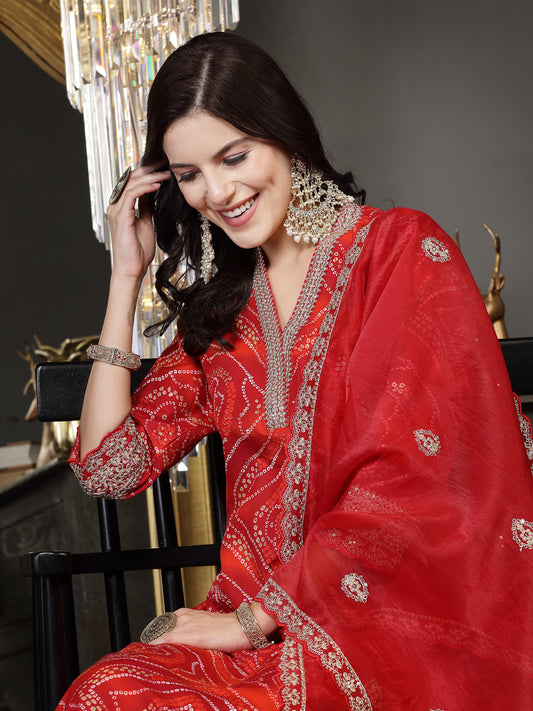Stylum Women's Bandhani Print & Embroidered Muslin Straight Kurta Pant Dupatta Set (KPDREDBANNO)