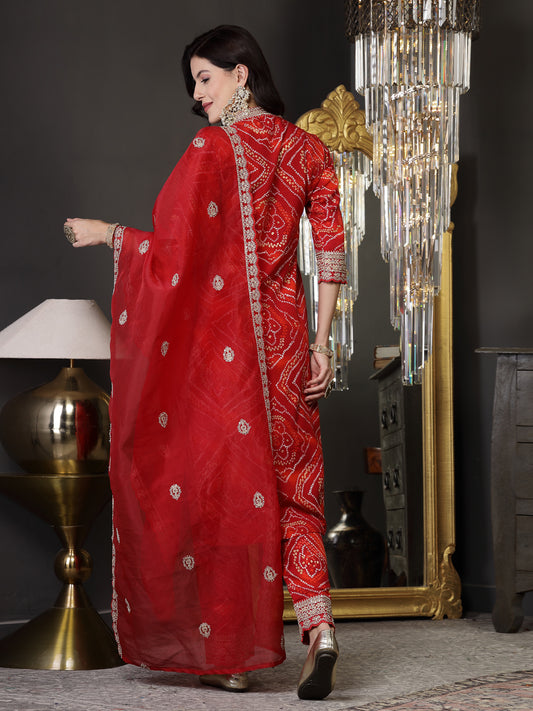Stylum Women's Bandhani Print & Embroidered Muslin Straight Kurta Pant Dupatta Set (KPDREDBANNO)