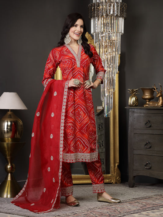 Stylum Women's Bandhani Print & Embroidered Muslin Straight Kurta Pant Dupatta Set (KPDREDBANNO)