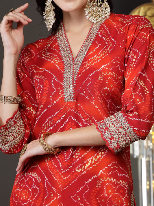 Stylum Women's Bandhani Print & Embroidered Muslin Straight Kurta Pant Dupatta Set (KPDREDBANNO)