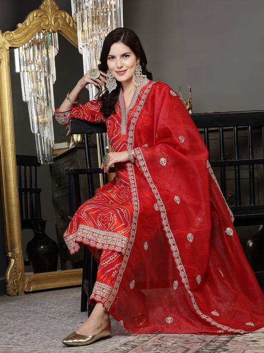 Stylum Women's Bandhani Print & Embroidered Muslin Straight Kurta Pant Dupatta Set (KPDREDBANNO)