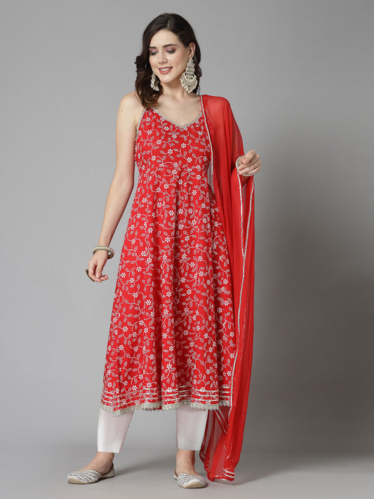 Stylum Women's Floral Printed Rayon Anarkali Kurta Pant Dupatta set (KPDREDBLING)