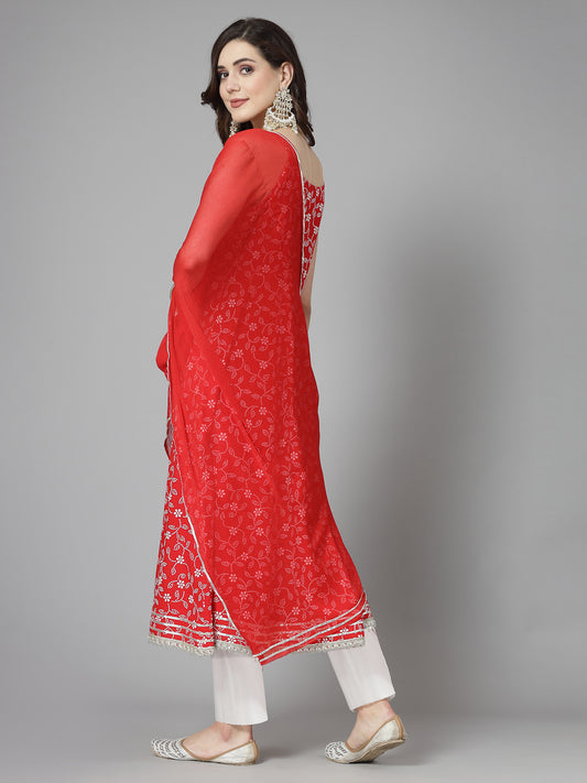Stylum Women's Floral Printed Rayon Anarkali Kurta Pant Dupatta set (KPDREDBLING)