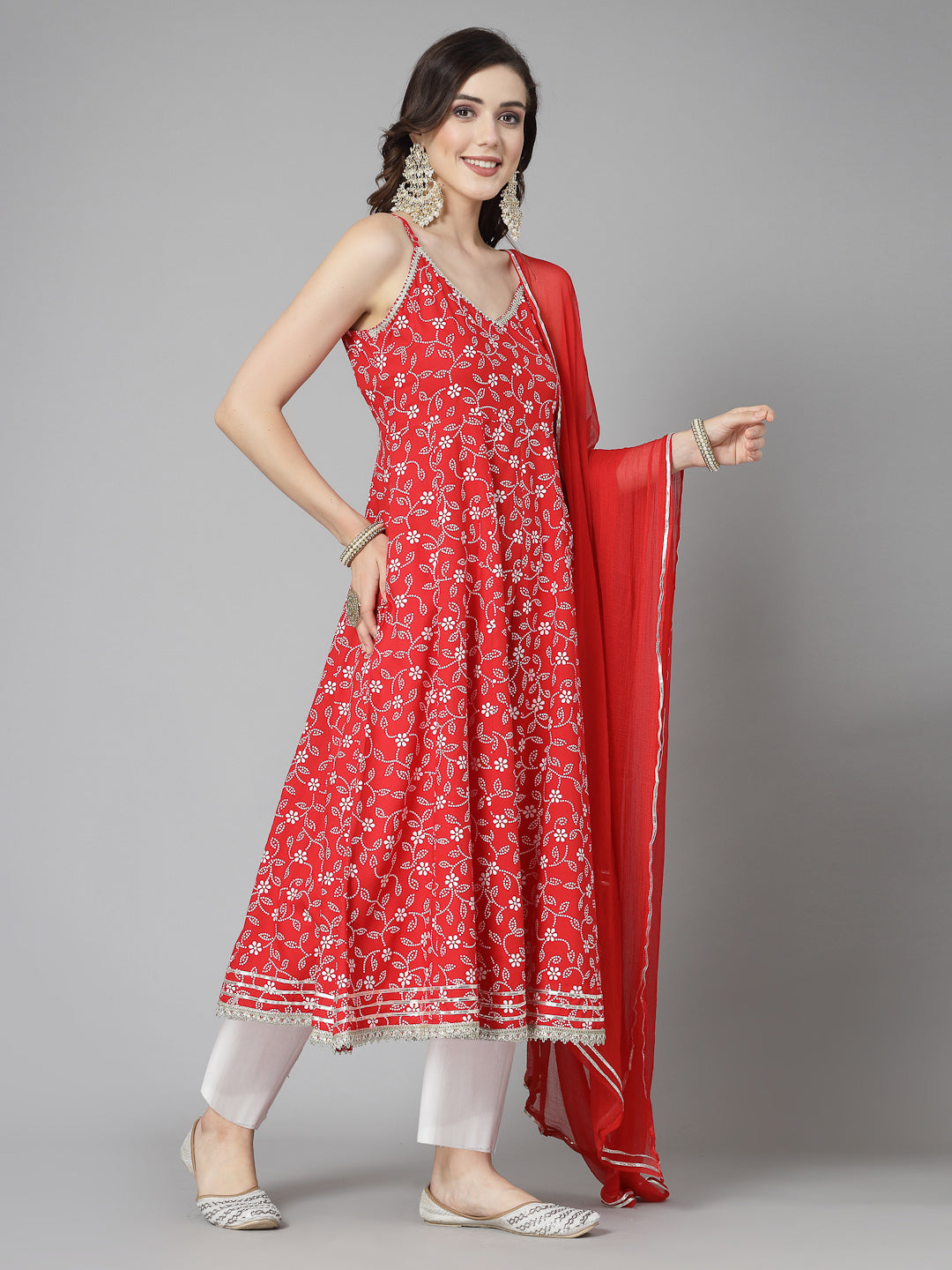 Stylum Women's Floral Printed Rayon Anarkali Kurta Pant Dupatta set (KPDREDBLING)