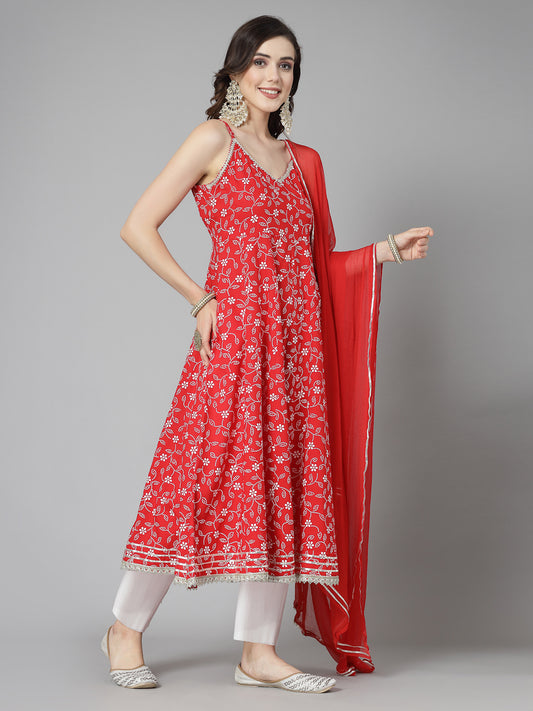 Stylum Women's Floral Printed Rayon Anarkali Kurta Pant Dupatta set (KPDREDBLING)