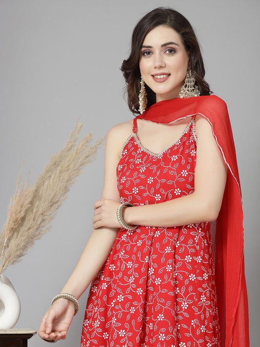 Stylum Women's Floral Printed Rayon Anarkali Kurta Pant Dupatta set (KPDREDBLING)