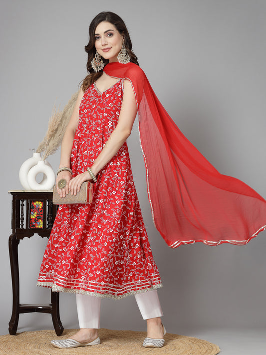 Stylum Women's Floral Printed Rayon Anarkali Kurta Pant Dupatta set (KPDREDBLING)