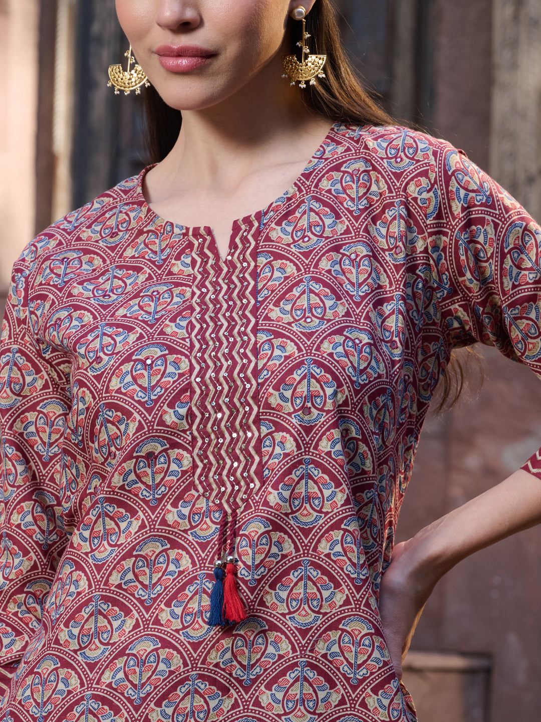 Stylum Women's Red Ethnic Printed Cotton Straight Kurta Pant Dupatta Set (KPDREDPINGA)