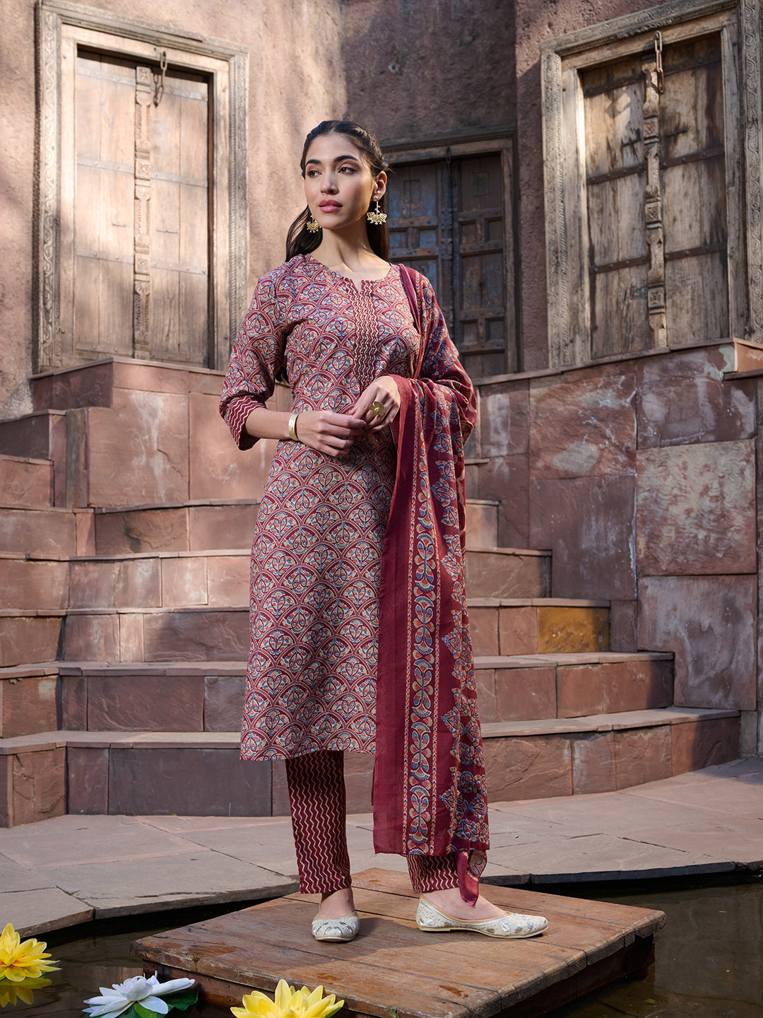 Stylum Women's Red Ethnic Printed Cotton Straight Kurta Pant Dupatta Set (KPDREDPINGA)