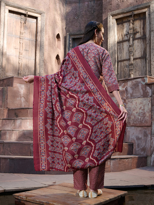 Stylum Women's Red Ethnic Printed Cotton Straight Kurta Pant Dupatta Set (KPDREDPINGA)