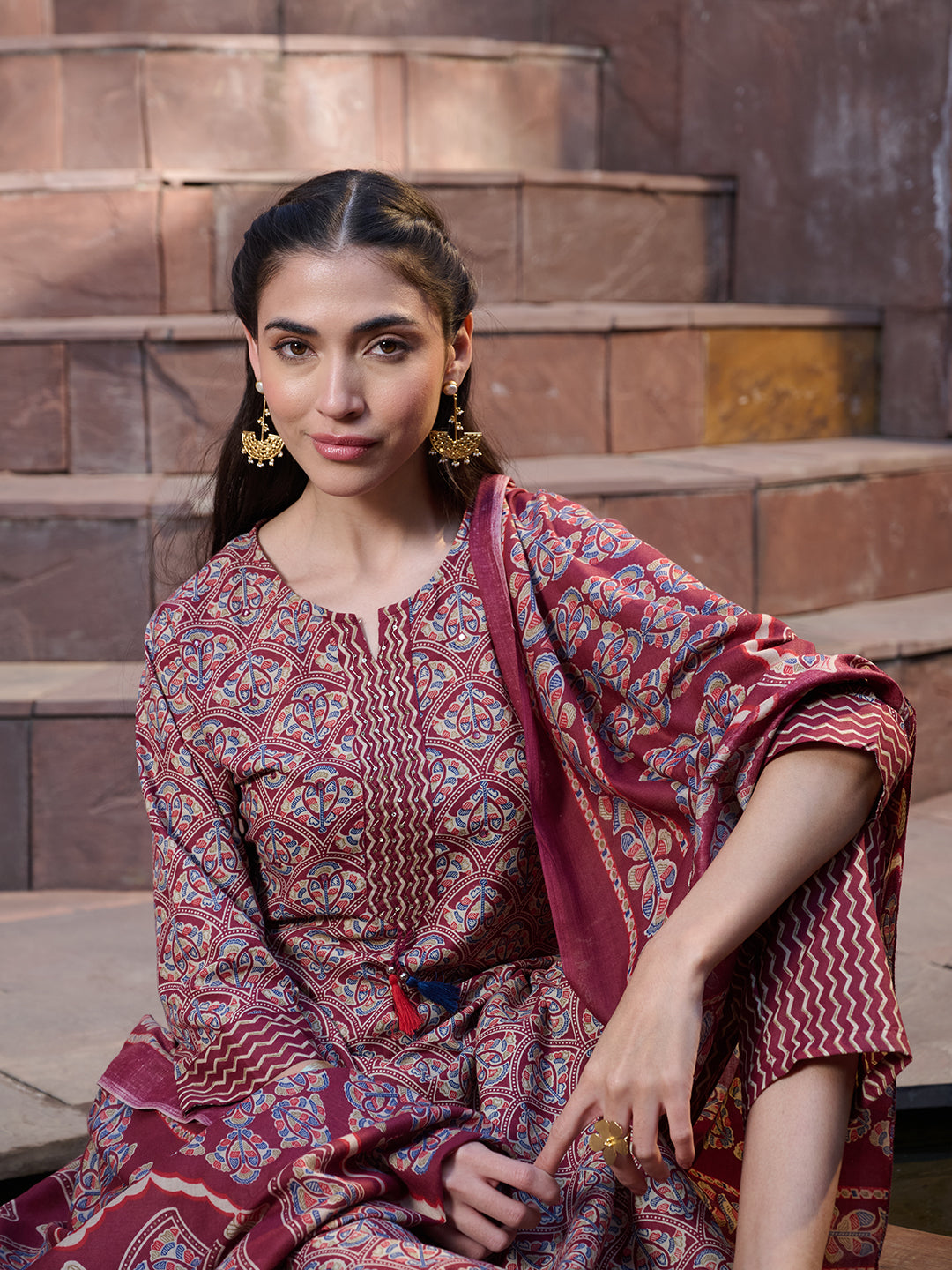 Stylum Women's Red Ethnic Printed Cotton Straight Kurta Pant Dupatta Set (KPDREDPINGA)