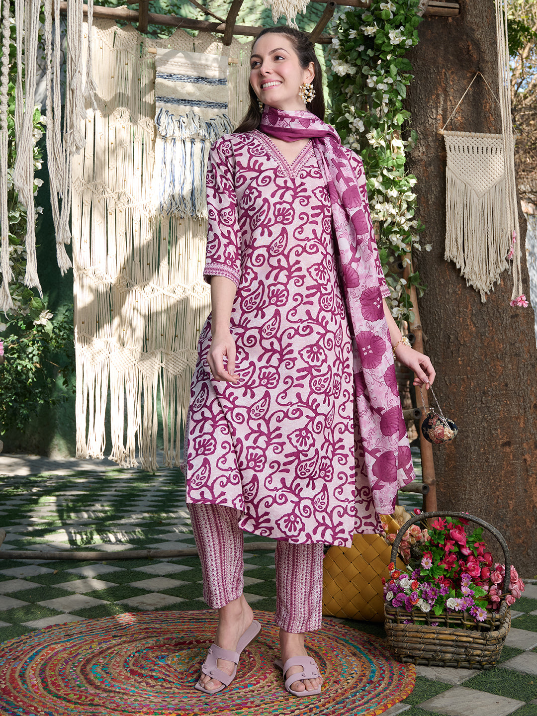 Stylum Women's Red Ethnic Printed Cotton Blend Straight Kurta Pant Dupatta Set (KPDREDSAFARI)