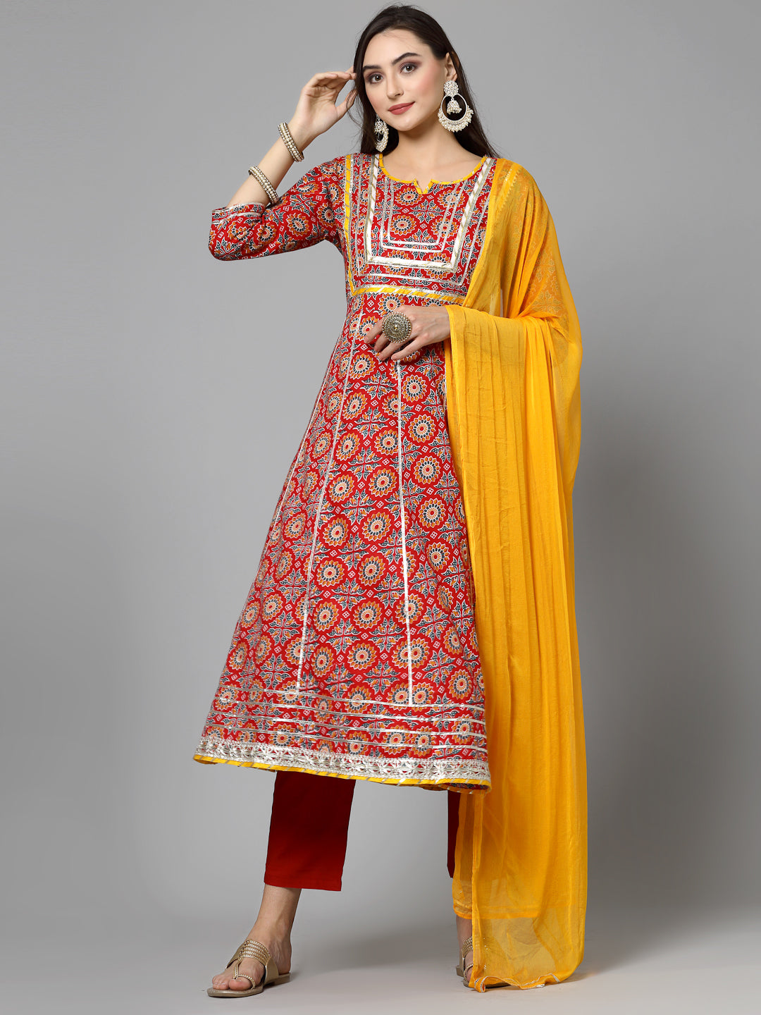 Stylum Women's Printed & Embellished Cotton Anarkali Kurta Pant Dupatta Set (KPDREDSAMRE)