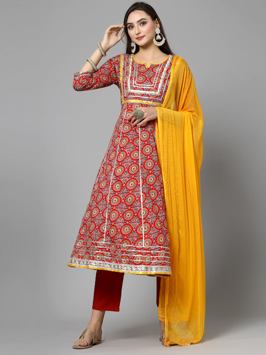Stylum Women's Printed & Embellished Cotton Anarkali Kurta Pant Dupatta Set (KPDREDSAMRE)