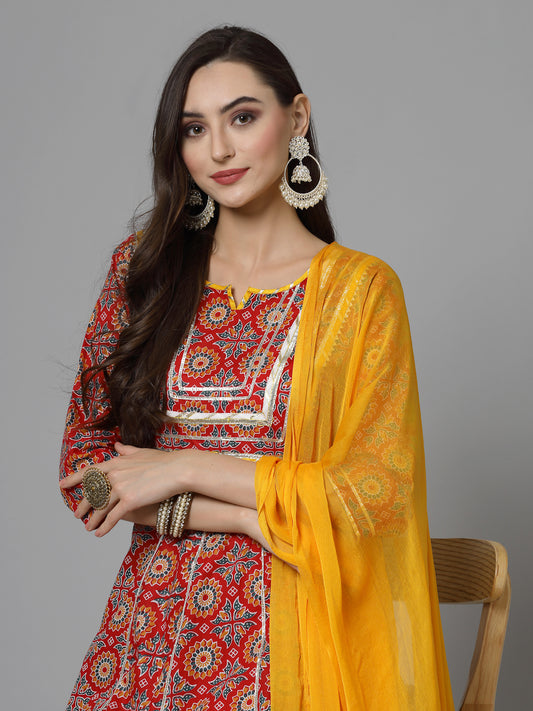 Stylum Women's Printed & Embellished Cotton Anarkali Kurta Pant Dupatta Set (KPDREDSAMRE)