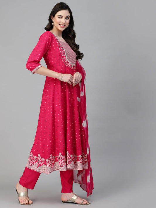 Stylum Women's Printed & Embroidered Rayon Anarkali Kurta Pant Dupatta Set (KPDRUBYSTAR)