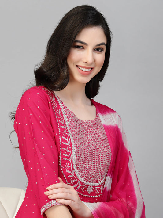 Embroidered Rayon Anarkali Kurta Pant Dupatta Set