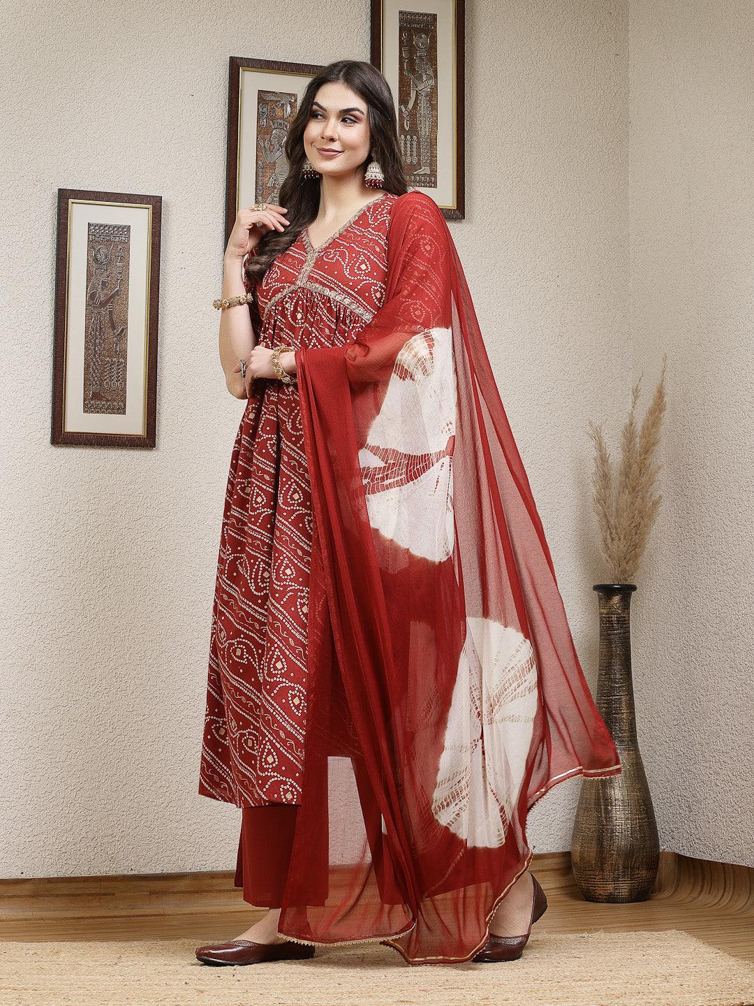 Stylum Women's Bandhej Printed Rayon Naira Cut Kurta Palazzo Dupatta Set (KPDRUSTCHARLI)