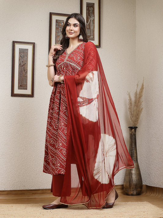 Stylum Women's Bandhej Printed Rayon Naira Cut Kurta Palazzo Dupatta Set (KPDRUSTCHARLI)